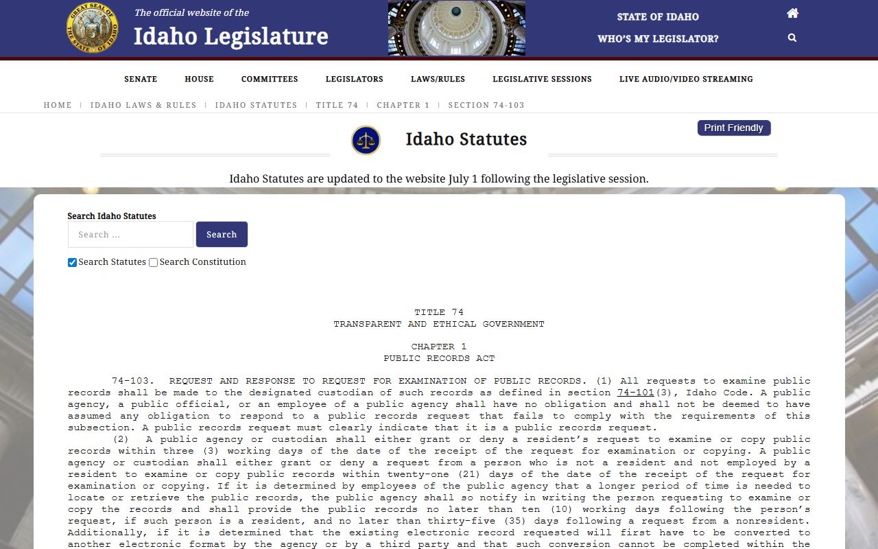 Clark County Clerk public records request law under Idaho Code 74-103