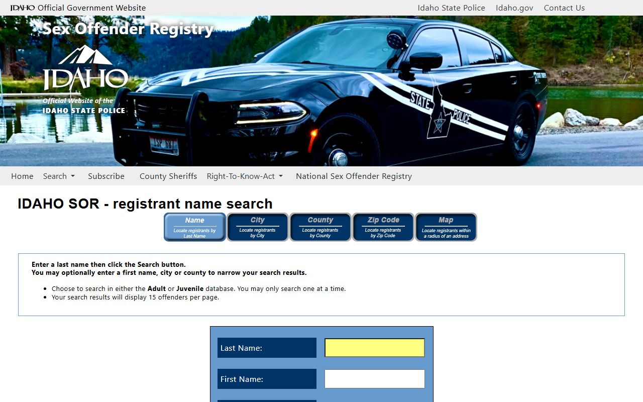 Clark County arrest records Idaho Sex Offender Registry search fields