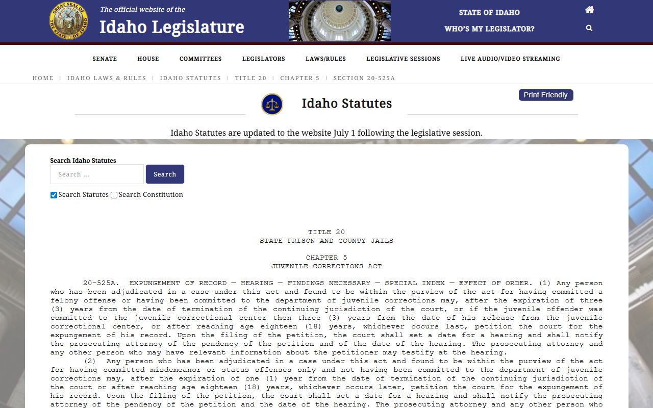 Clark County criminal court records Idaho juvenile expungement statute