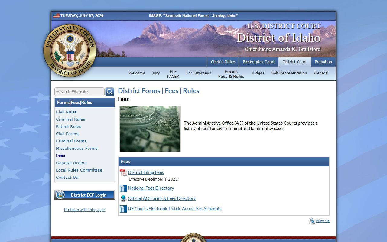 Clark County District Court comparison with District of Idaho federal court fees