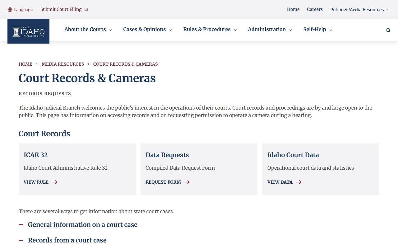 Clark County Idaho court records Idaho records and camera request guidance