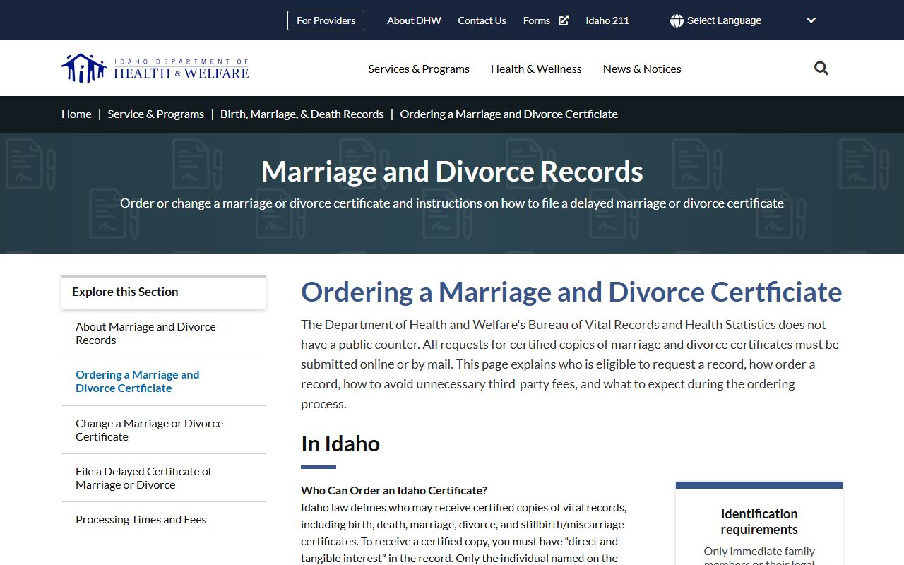 Clark County marriage and divorce certificate ordering through Idaho Health and Welfare