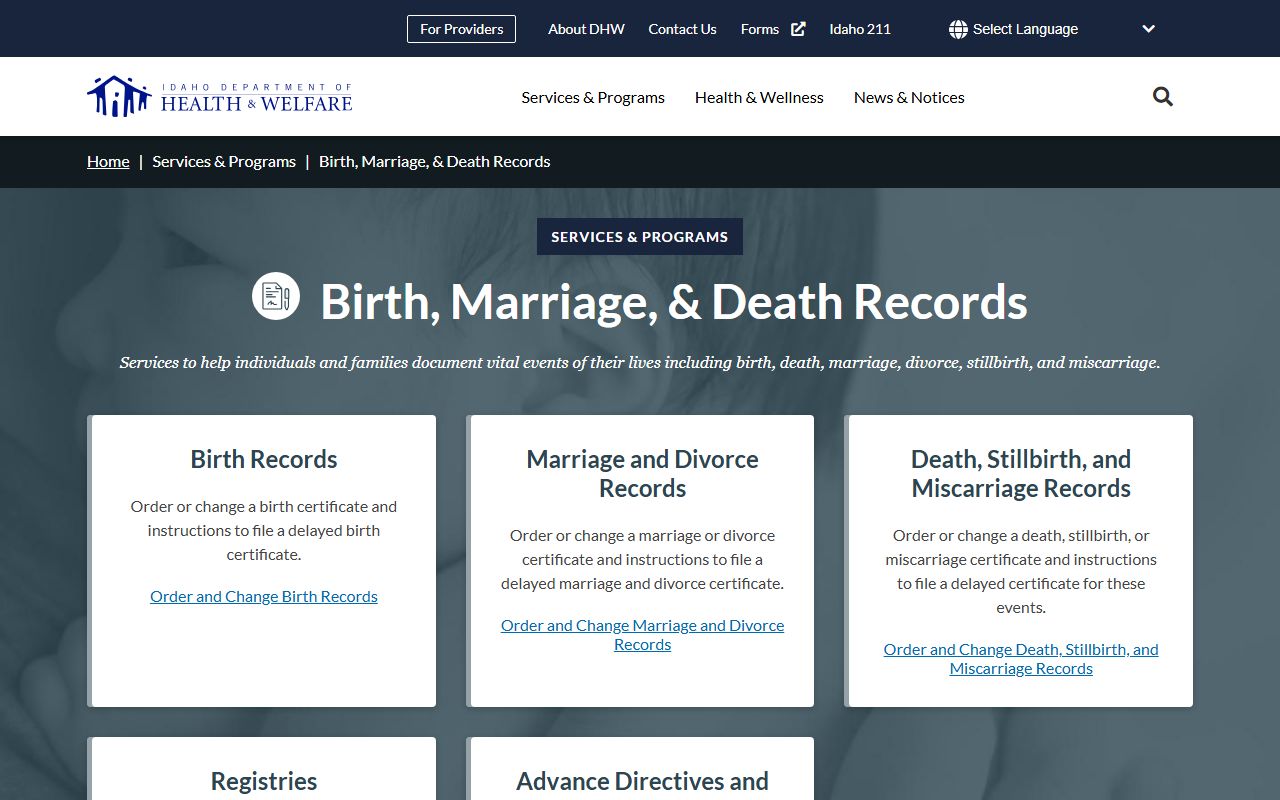 Clark County marriage certificates and Idaho vital records landing page