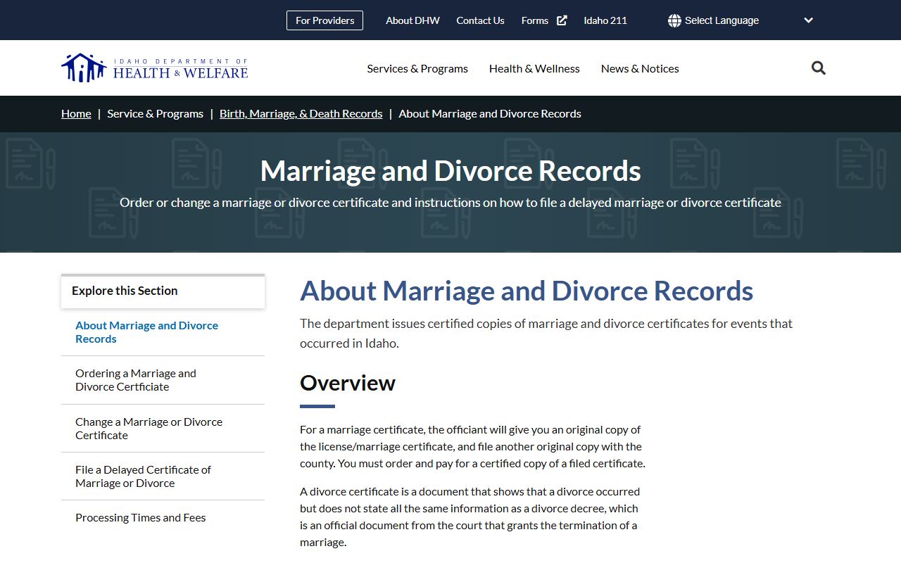 Clark County marriage and divorce records information from Idaho Health and Welfare