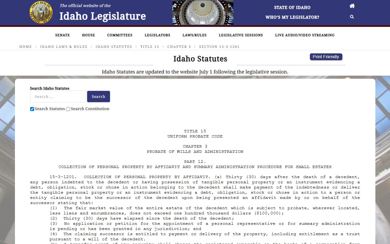 Clark County probate records and Idaho Code small estate affidavit statute